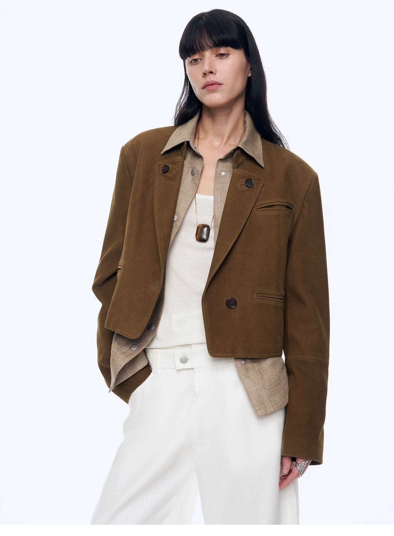 Stand Collar Suit Sheepskin Leather Short Jacket "Roman Story"Firelady Fur