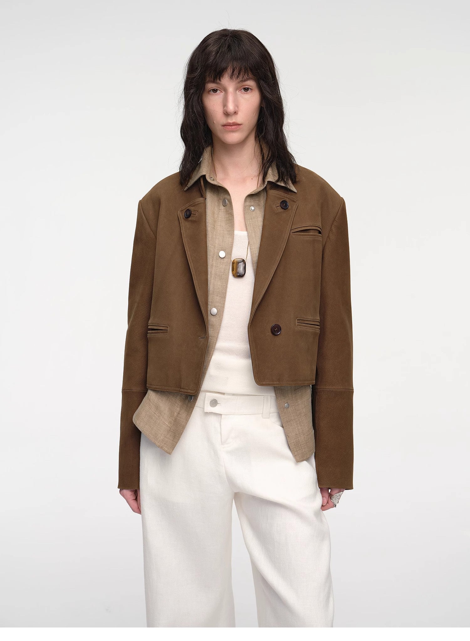 Stand Collar Suit Sheepskin Leather Short Jacket "Roman Story" - variant_title