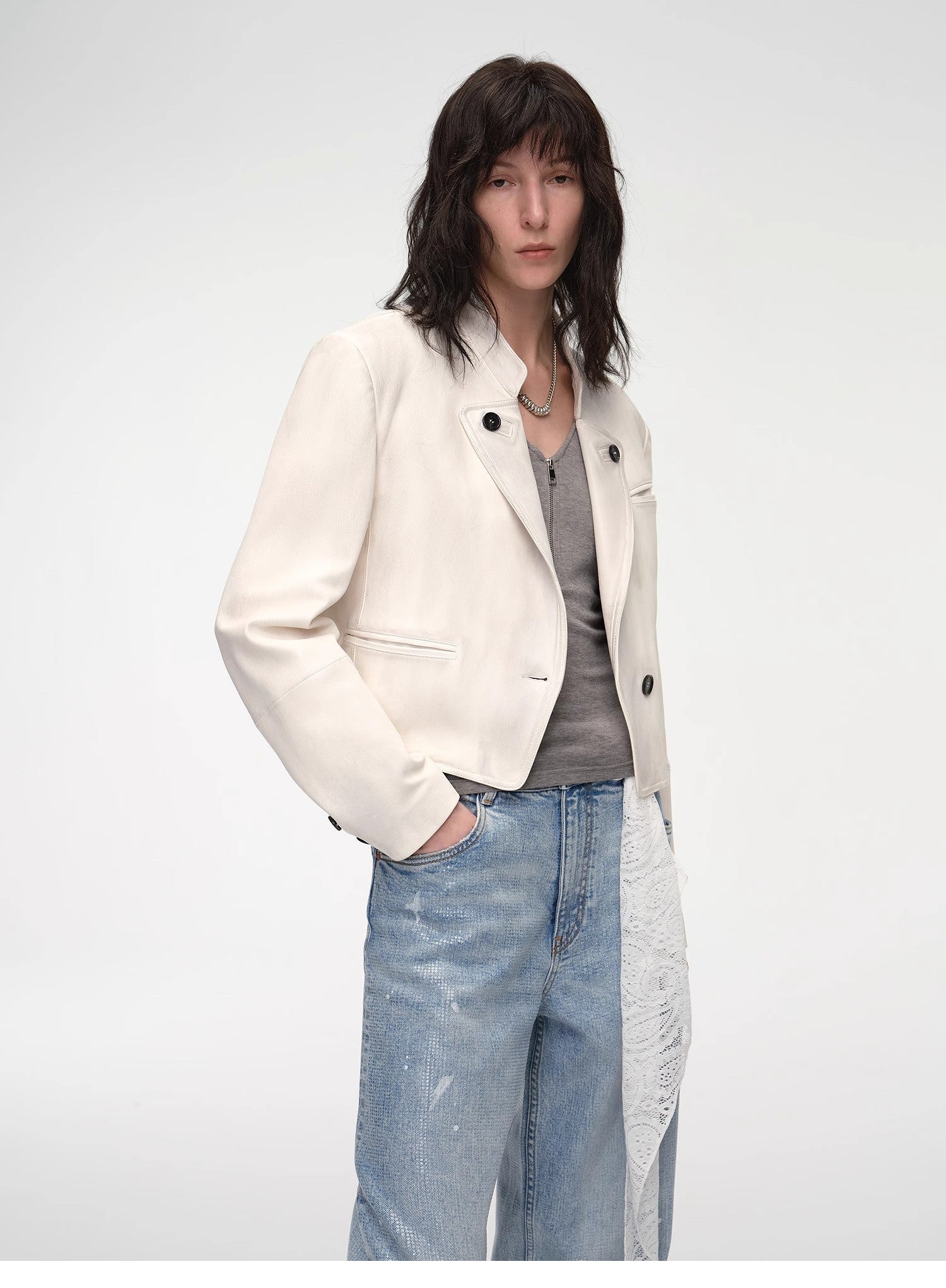 Stand Collar Suit Sheepskin Leather Short Jacket "Roman Story" - variant_title