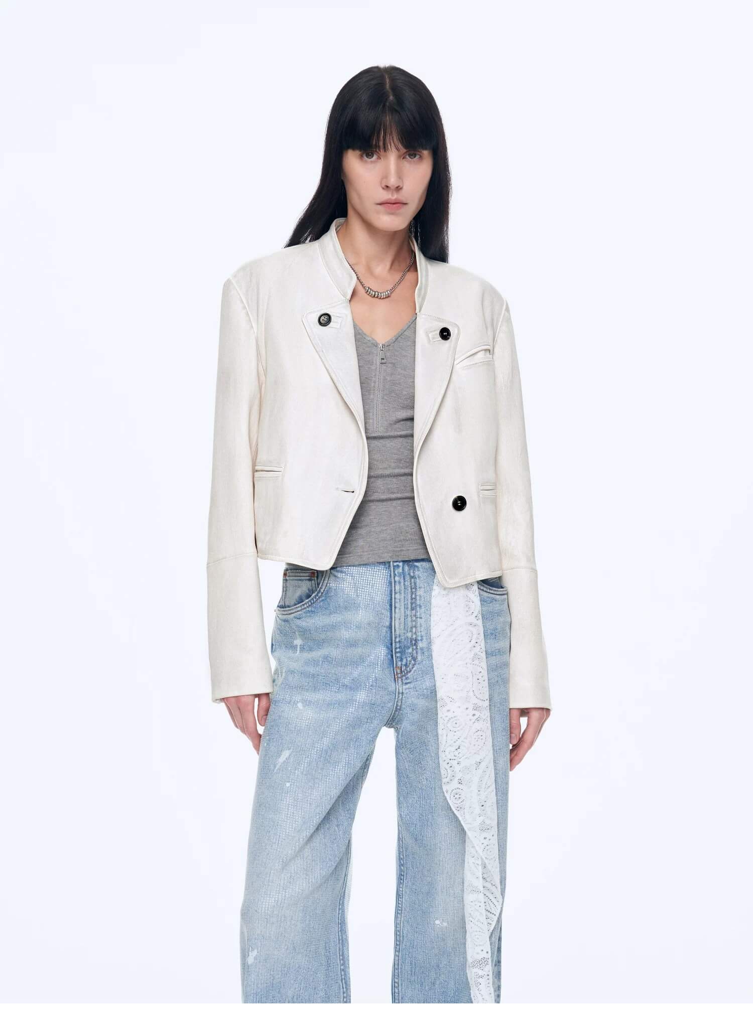 Stand Collar Suit Sheepskin Leather Short Jacket "Roman Story"Firelady Fur