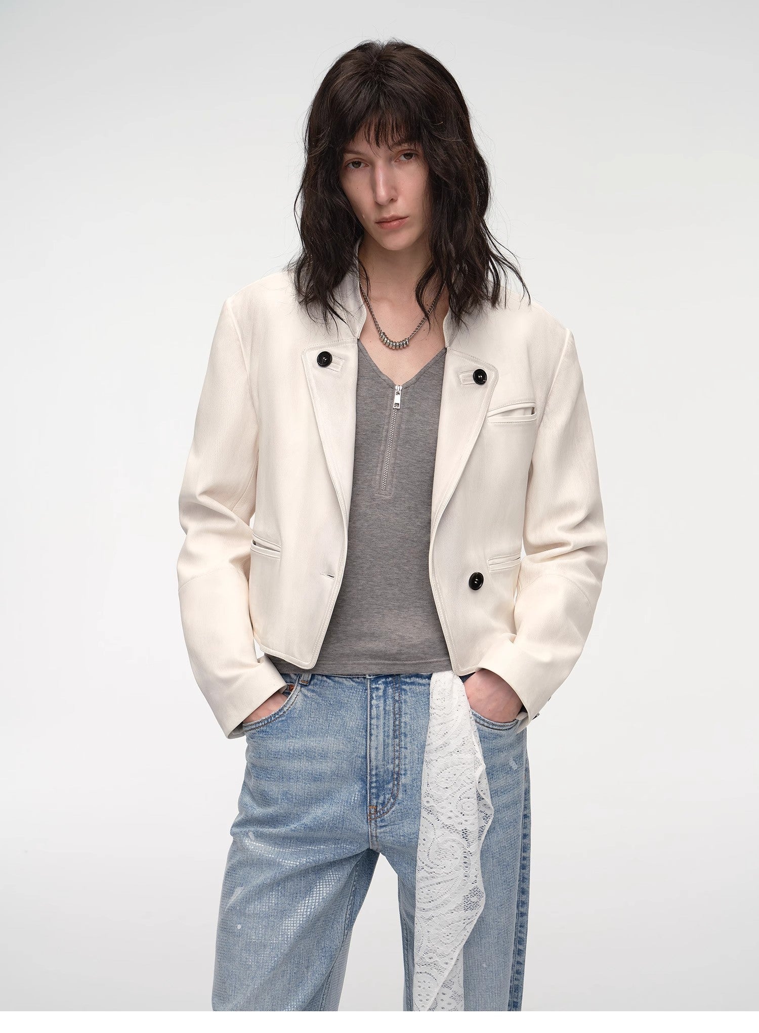 Stand Collar Suit Sheepskin Leather Short Jacket "Roman Story" - variant_title