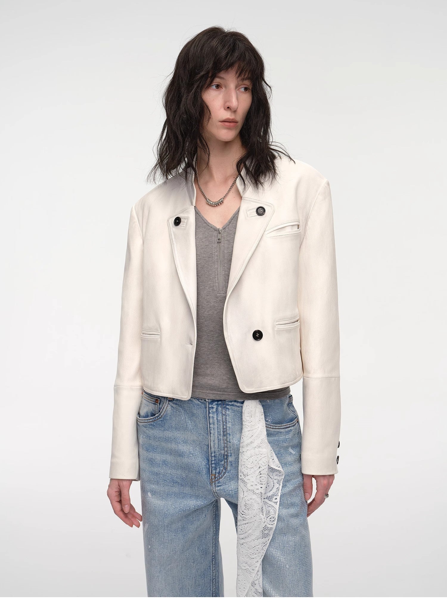 Stand Collar Suit Sheepskin Leather Short Jacket "Roman Story" - variant_title