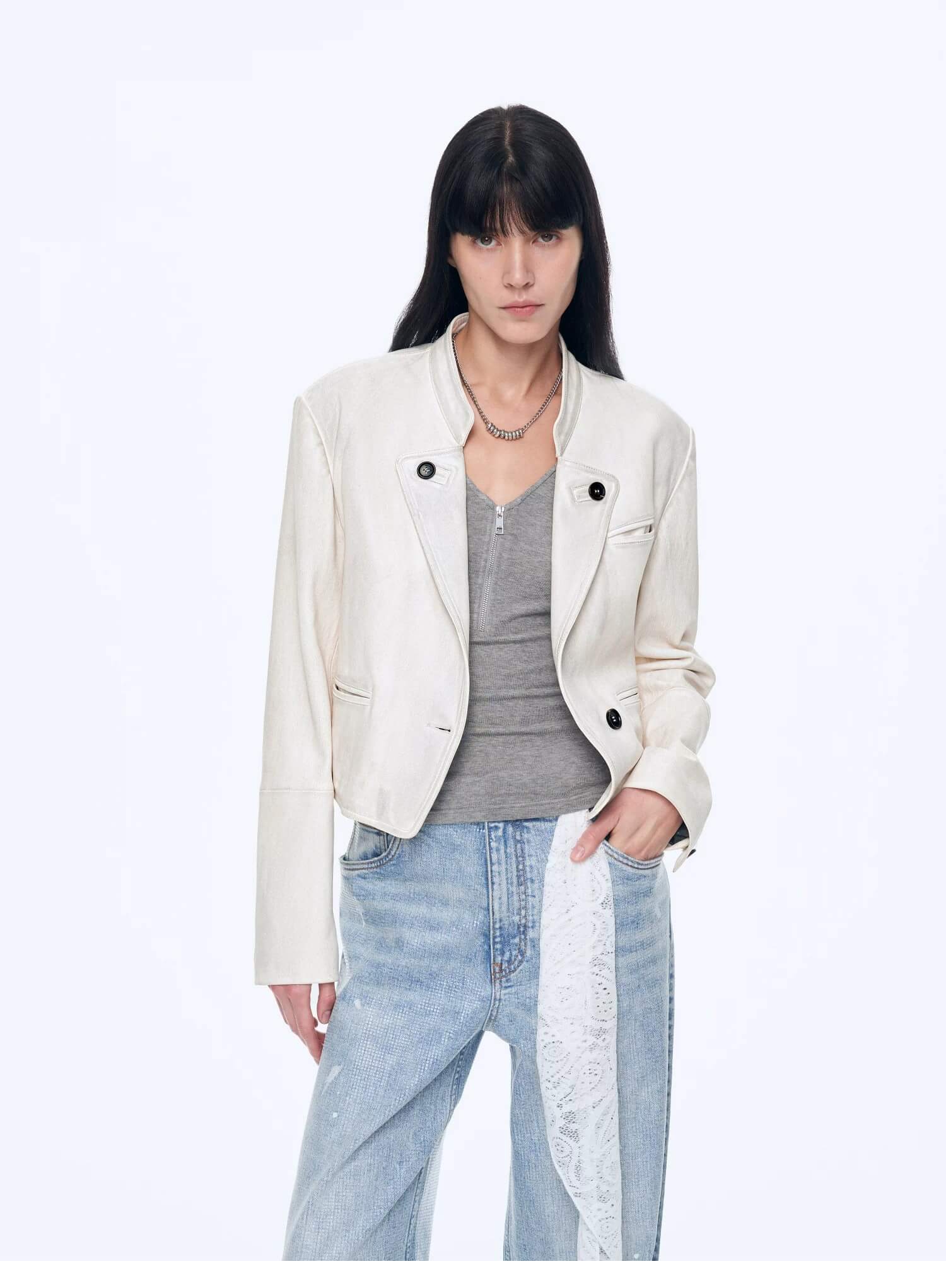 Stand Collar Suit Sheepskin Leather Short Jacket "Roman Story"Firelady Fur