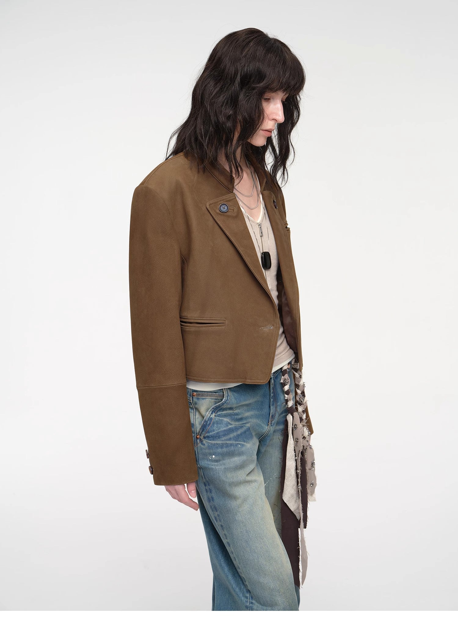 Stand Collar Suit Sheepskin Leather Short Jacket "Roman Story" - variant_title