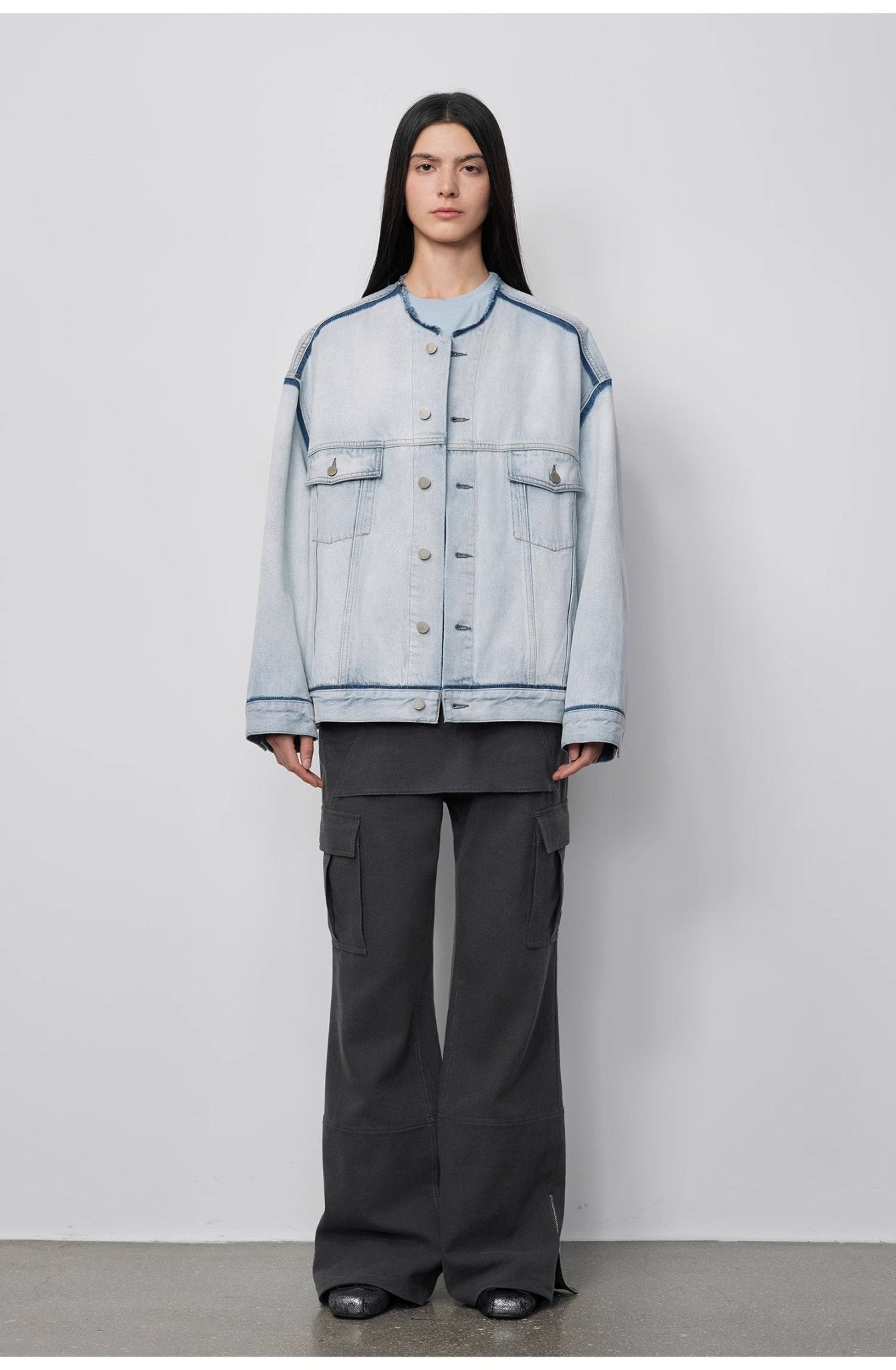 "Starry Sky Market" luxury brand classic washed cotton collarless raw edge denim jacket - variant_title