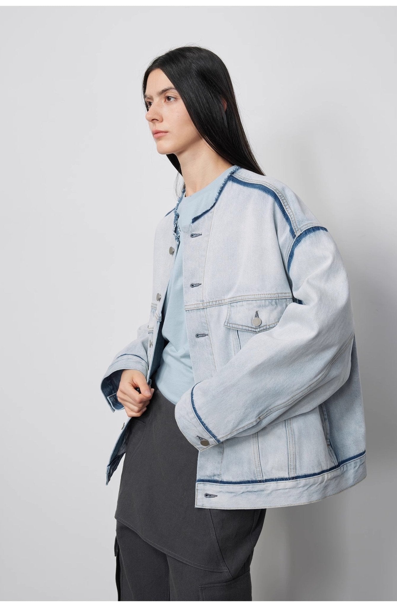 "Starry Sky Market" luxury brand classic washed cotton collarless raw edge denim jacket - variant_title