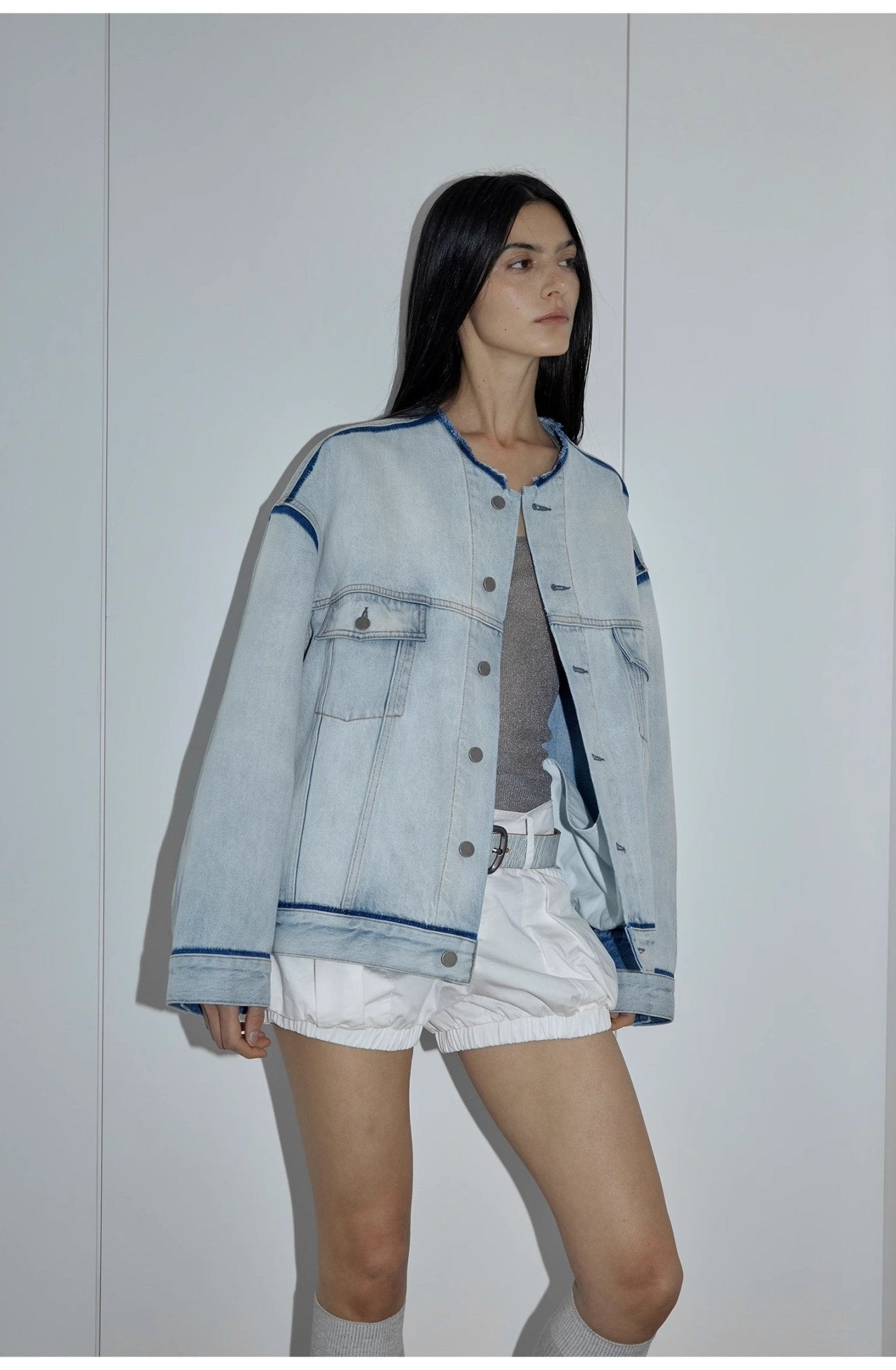 "Starry Sky Market" luxury brand classic washed cotton collarless raw edge denim jacket - variant_title