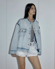 "Starry Sky Market" luxury brand classic washed cotton collarless raw edge denim jacket - variant_title