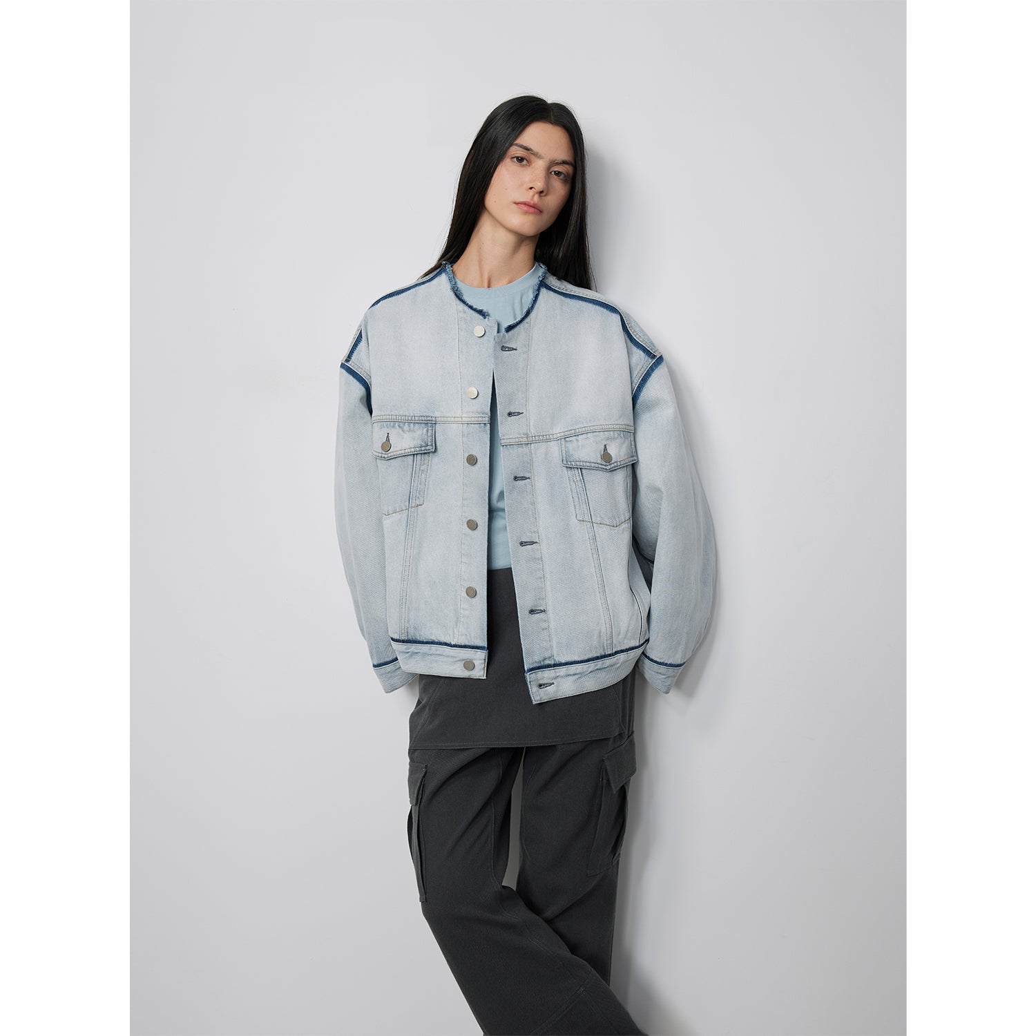"Starry Sky Market" luxury brand classic washed cotton collarless raw edge denim jacket - variant_title
