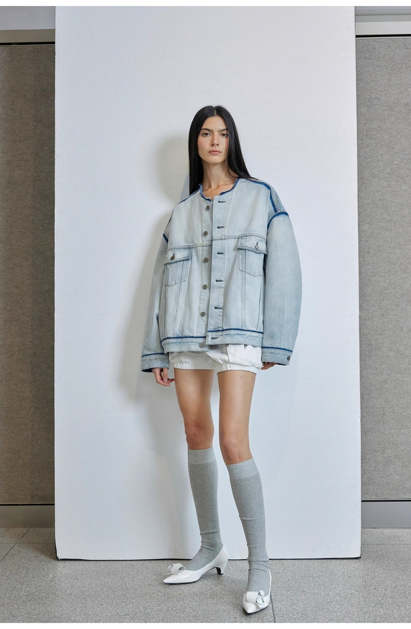 "Starry Sky Market" luxury brand classic washed cotton collarless raw edge denim jacket - variant_title