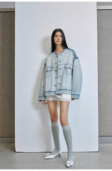 "Starry Sky Market" luxury brand classic washed cotton collarless raw edge denim jacket - variant_title