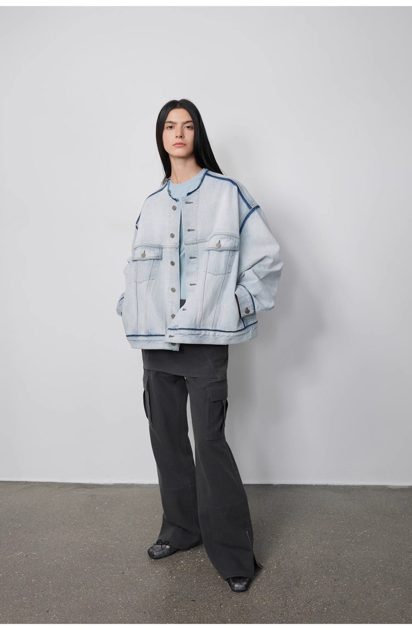 "Starry Sky Market" luxury brand classic washed cotton collarless raw edge denim jacket - variant_title