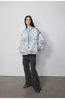 "Starry Sky Market" luxury brand classic washed cotton collarless raw edge denim jacket - variant_title