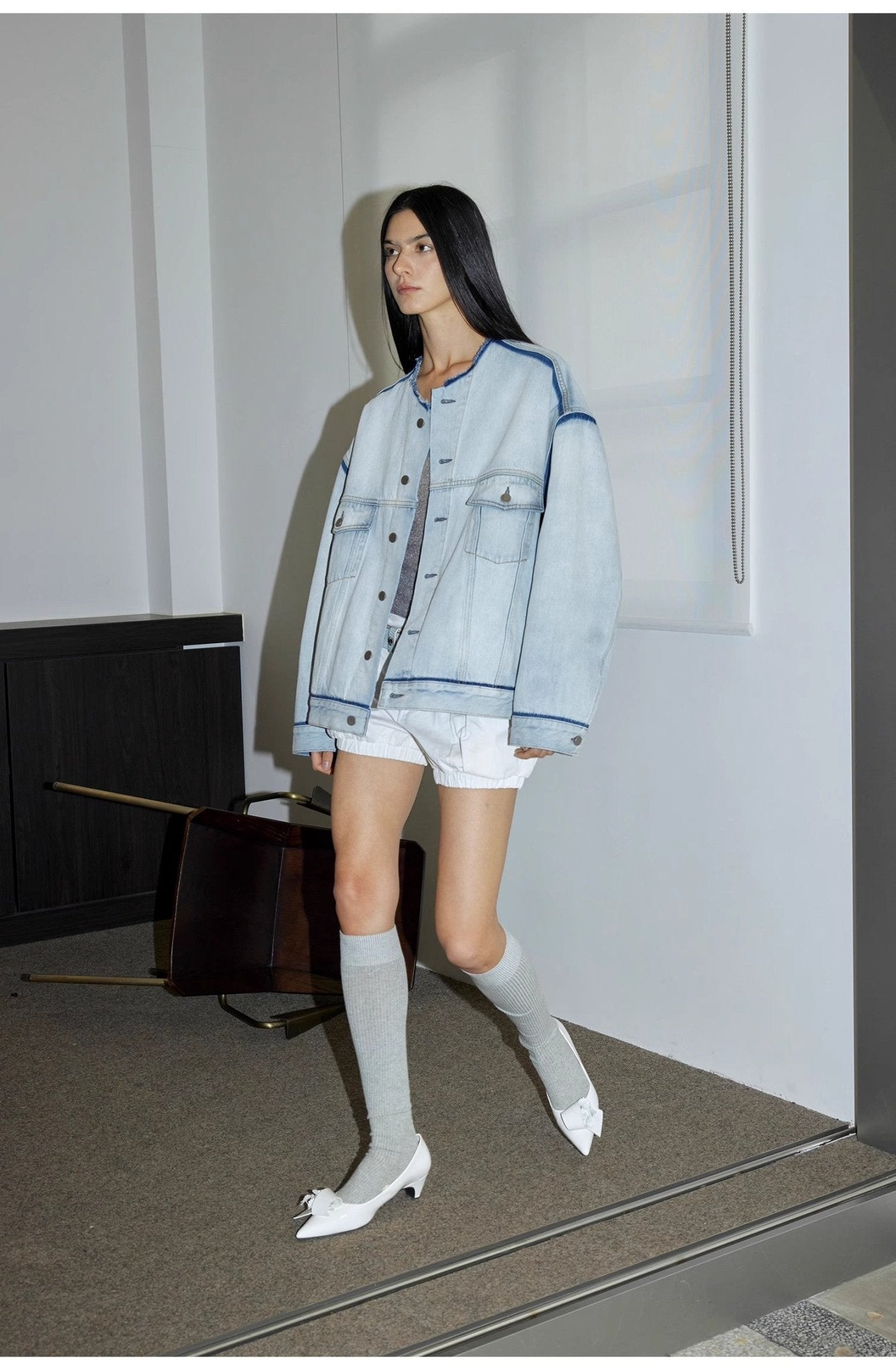 "Starry Sky Market" luxury brand classic washed cotton collarless raw edge denim jacket - variant_title