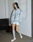 "Starry Sky Market" luxury brand classic washed cotton collarless raw edge denim jacket - variant_title