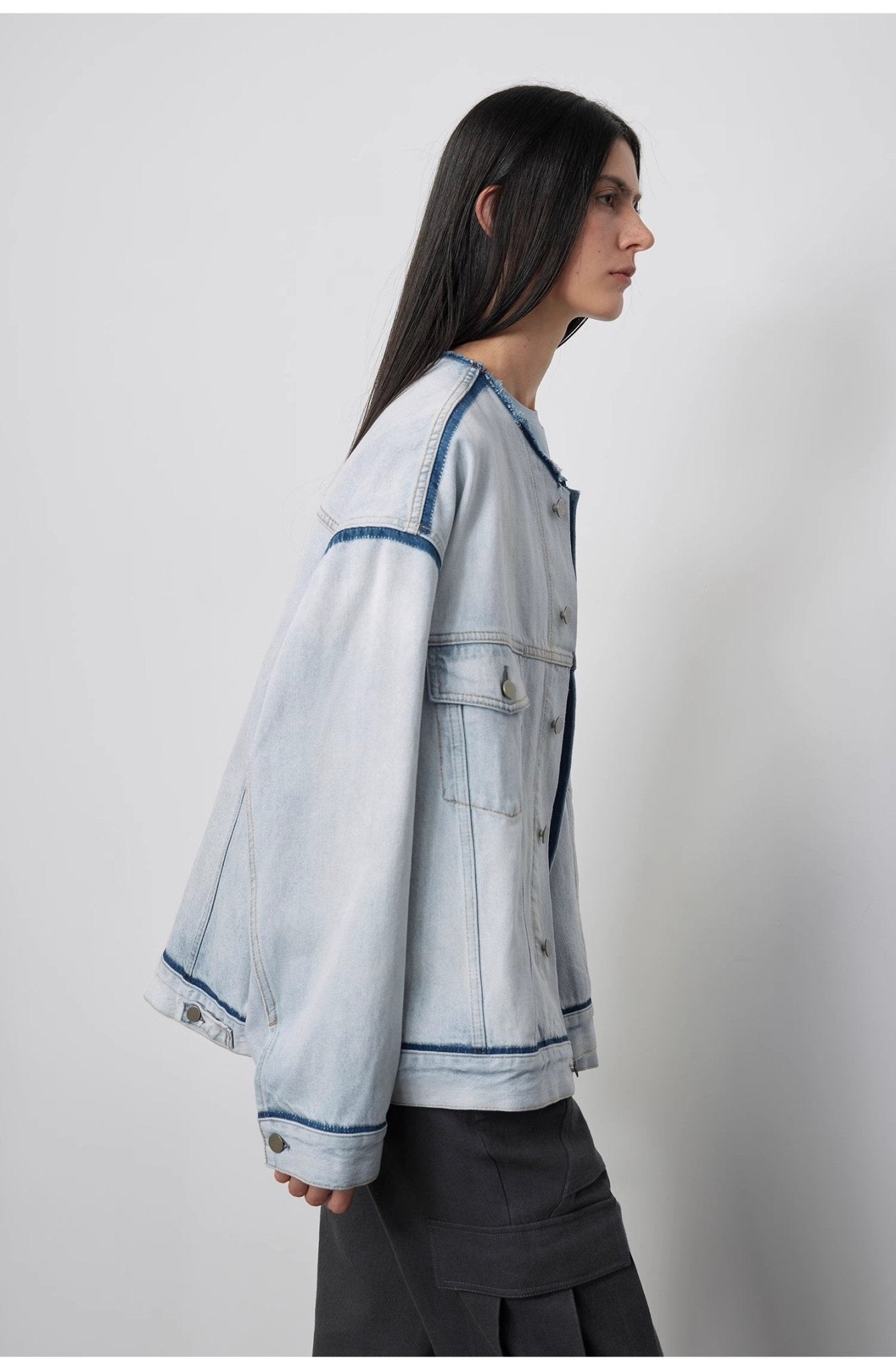 "Starry Sky Market" luxury brand classic washed cotton collarless raw edge denim jacket - variant_title