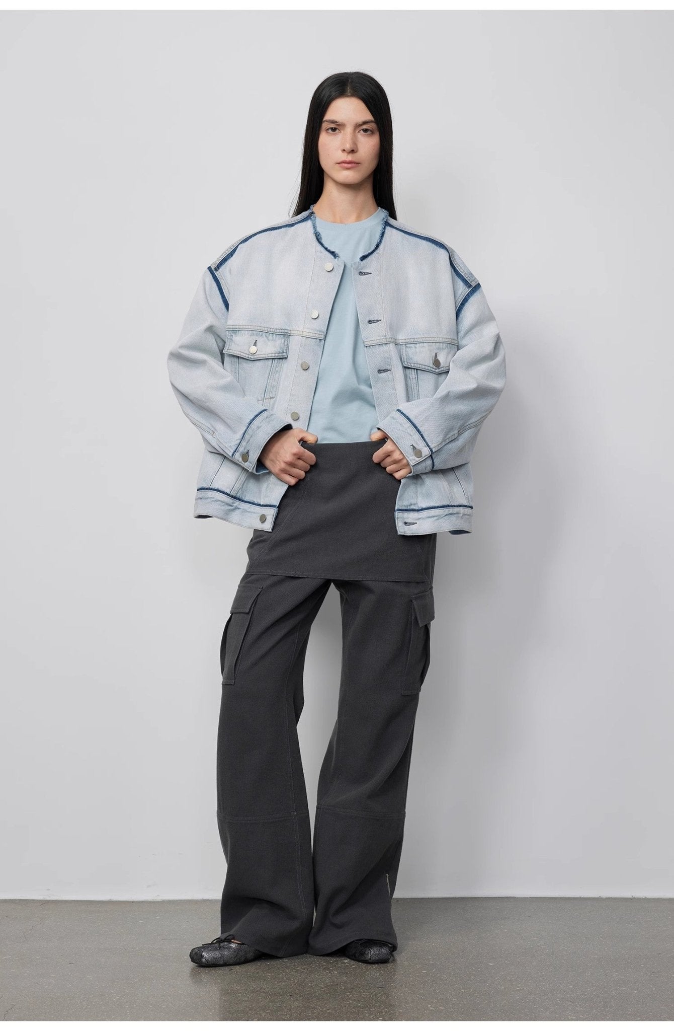 "Starry Sky Market" luxury brand classic washed cotton collarless raw edge denim jacket - variant_title