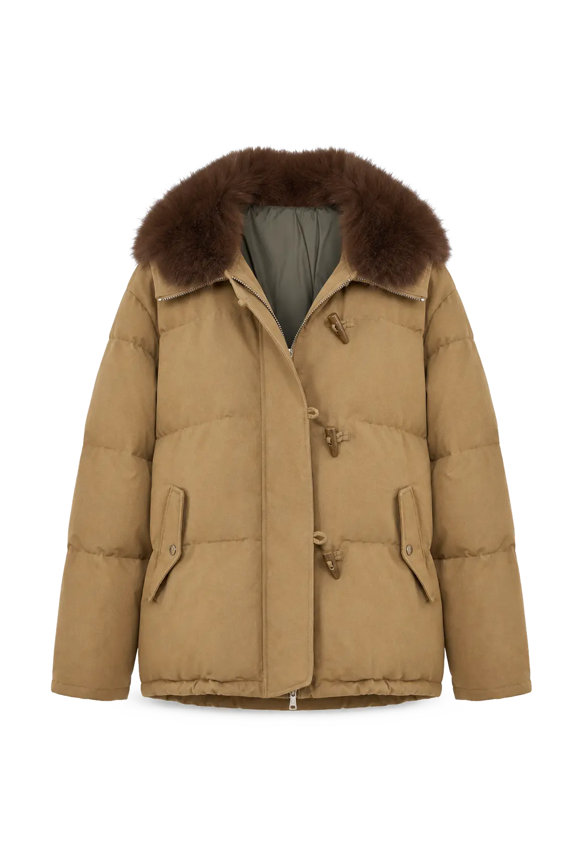 Fireladyfur Street Badge Yellow Brown down parka with detachable fox fur large lapel front cutout