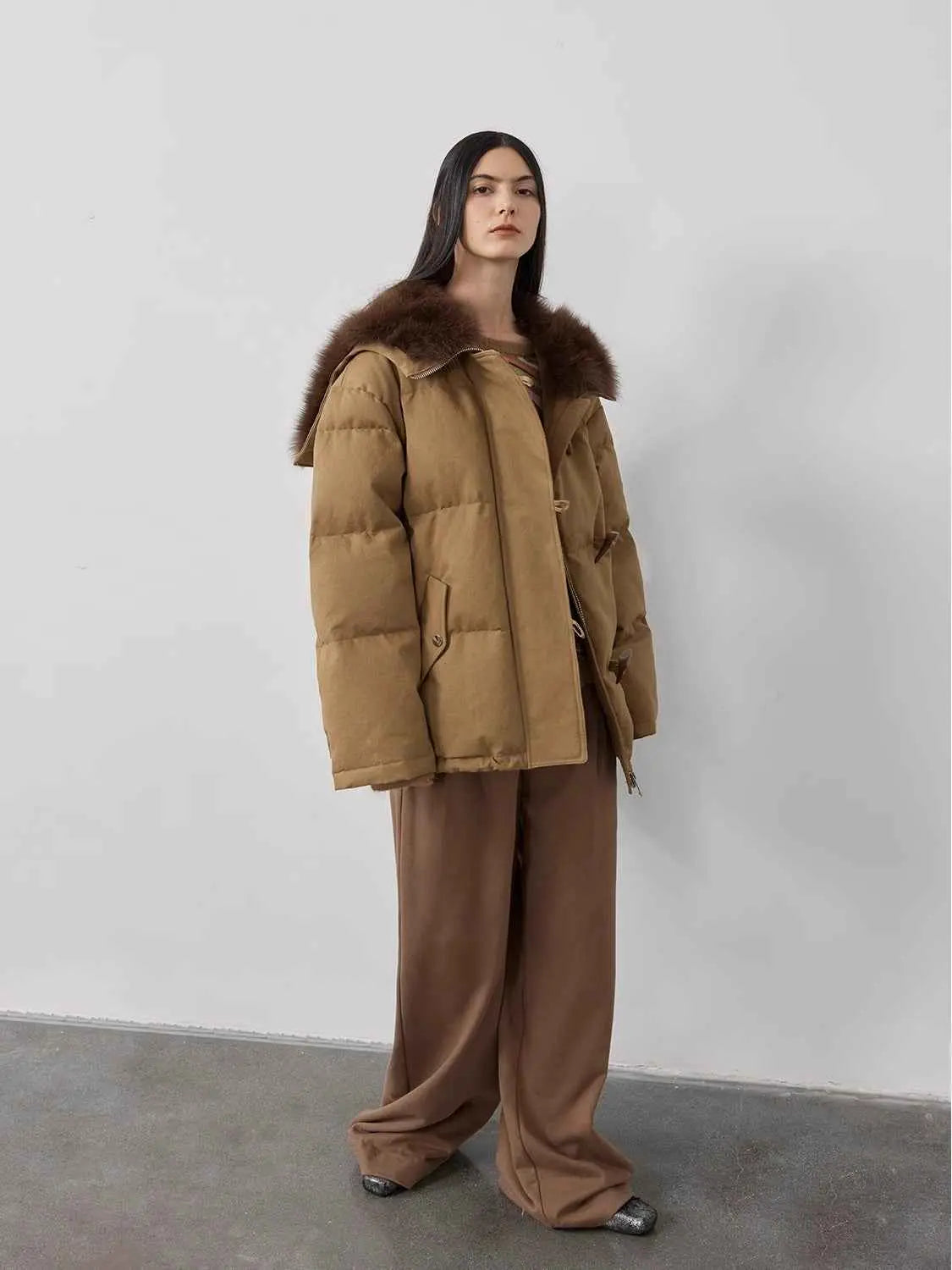 Full-length model view of Fireladyfur Street Badge Yellow Brown down parka with fox fur lapel