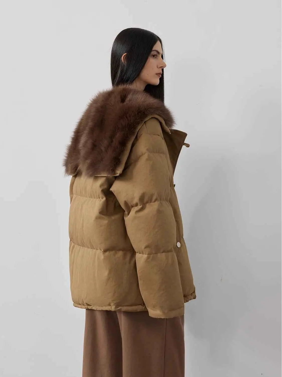 Back and side view of Fireladyfur Street Badge Yellow Brown down parka with oversized fox fur collar