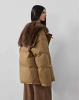 Back and side view of Fireladyfur Street Badge Yellow Brown down parka with oversized fox fur collar