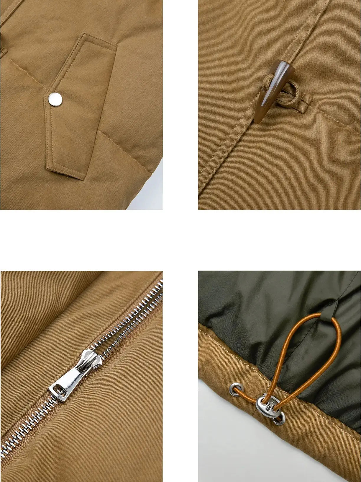 Fireladyfur Street Badge Yellow Brown down parka pocket zipper drawstring lining and fur detail collage