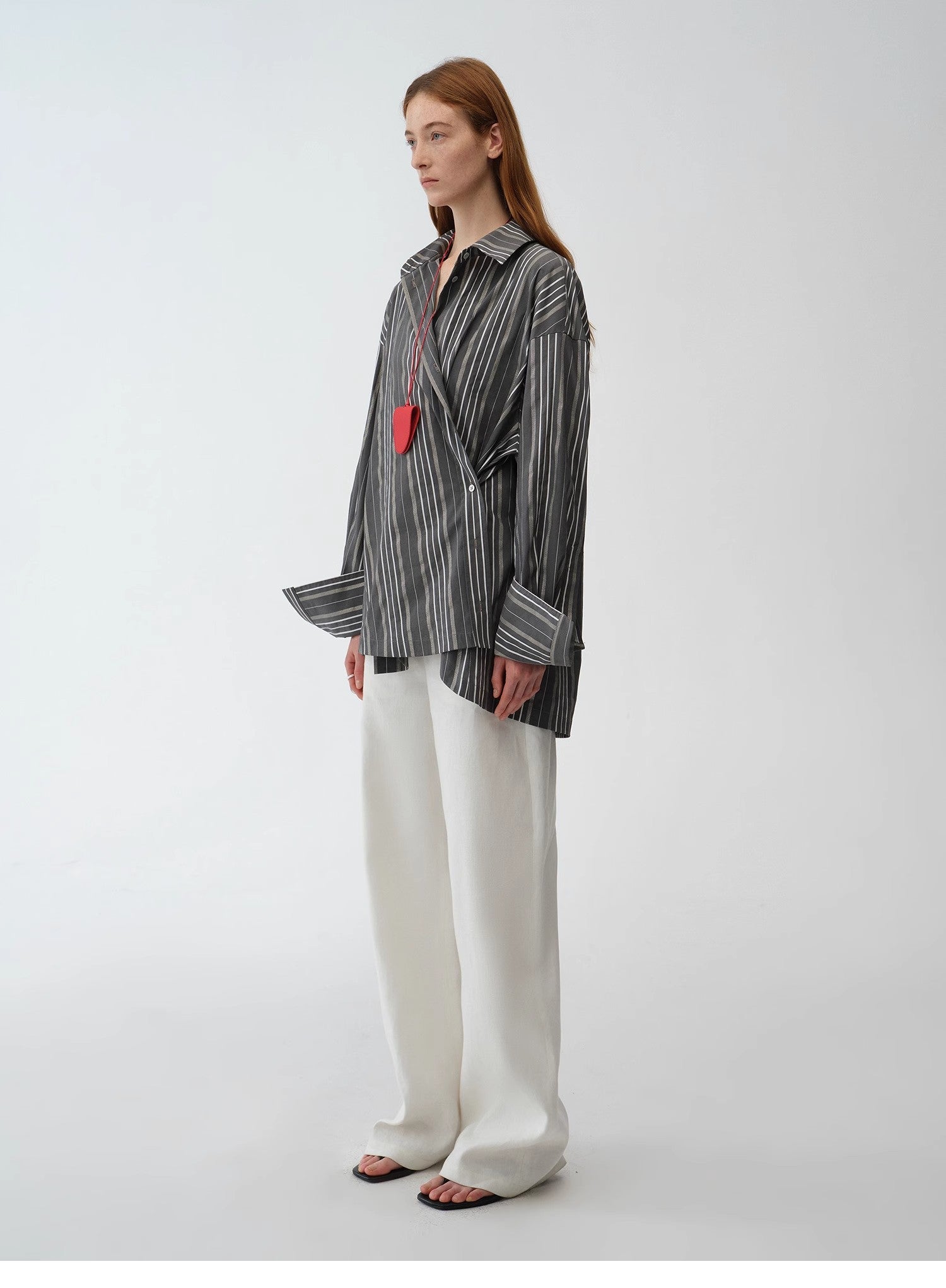 "Striped Fantasy" Casual Asymmetric Slanted Front Two - Wear Striped Long Sleeve Shirt - variant_title