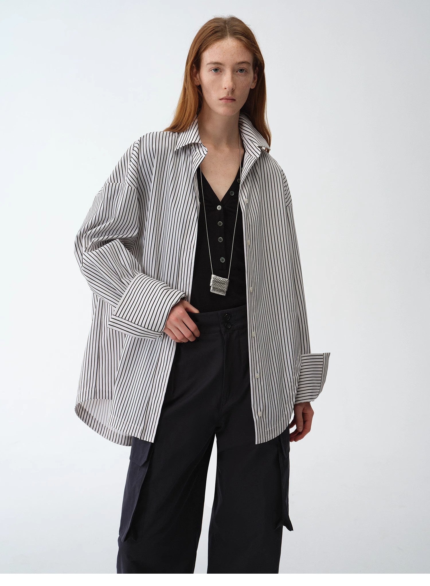 "Striped Fantasy" Casual Asymmetric Slanted Front Two - Wear Striped Long Sleeve Shirt - variant_title