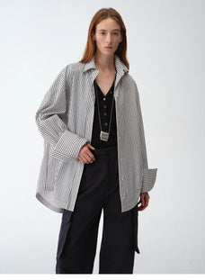 "Striped Fantasy" Casual Asymmetric Slanted Front Two - Wear Striped Long Sleeve Shirt - variant_title