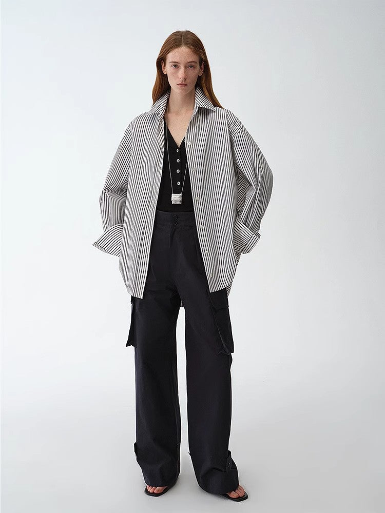 "Striped Fantasy" Casual Asymmetric Slanted Front Two - Wear Striped Long Sleeve Shirt - variant_title