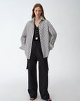 "Striped Fantasy" Casual Asymmetric Slanted Front Two - Wear Striped Long Sleeve Shirt - variant_title