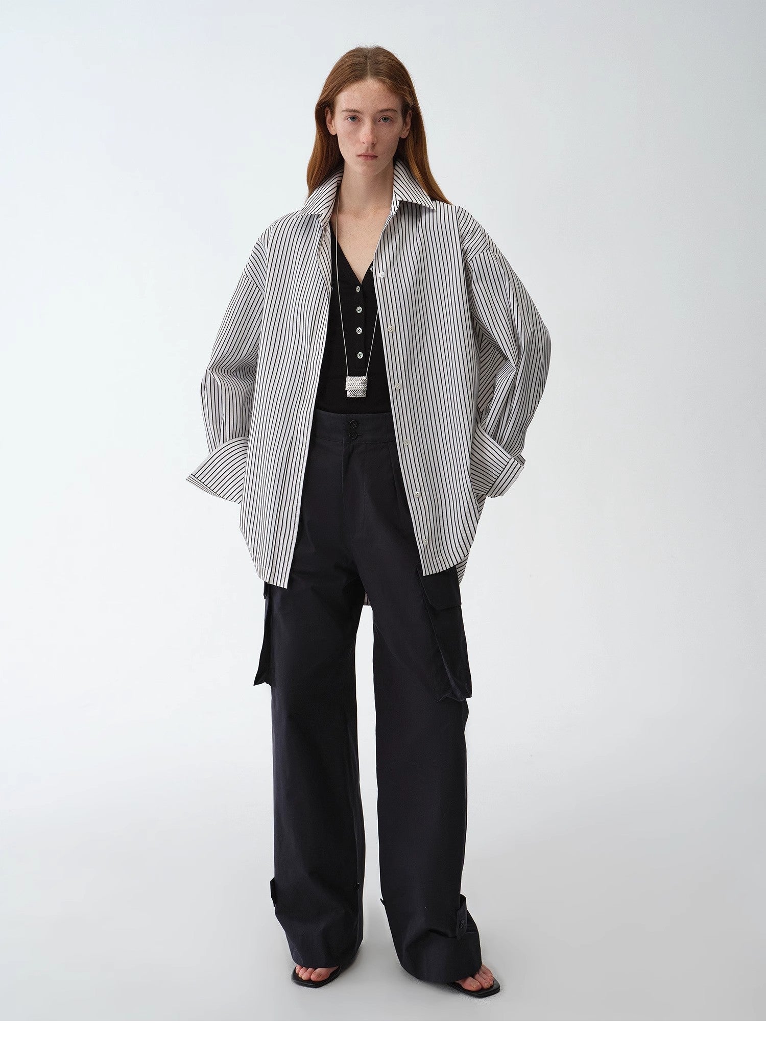 "Striped Fantasy" Casual Asymmetric Slanted Front Two - Wear Striped Long Sleeve Shirt - variant_title