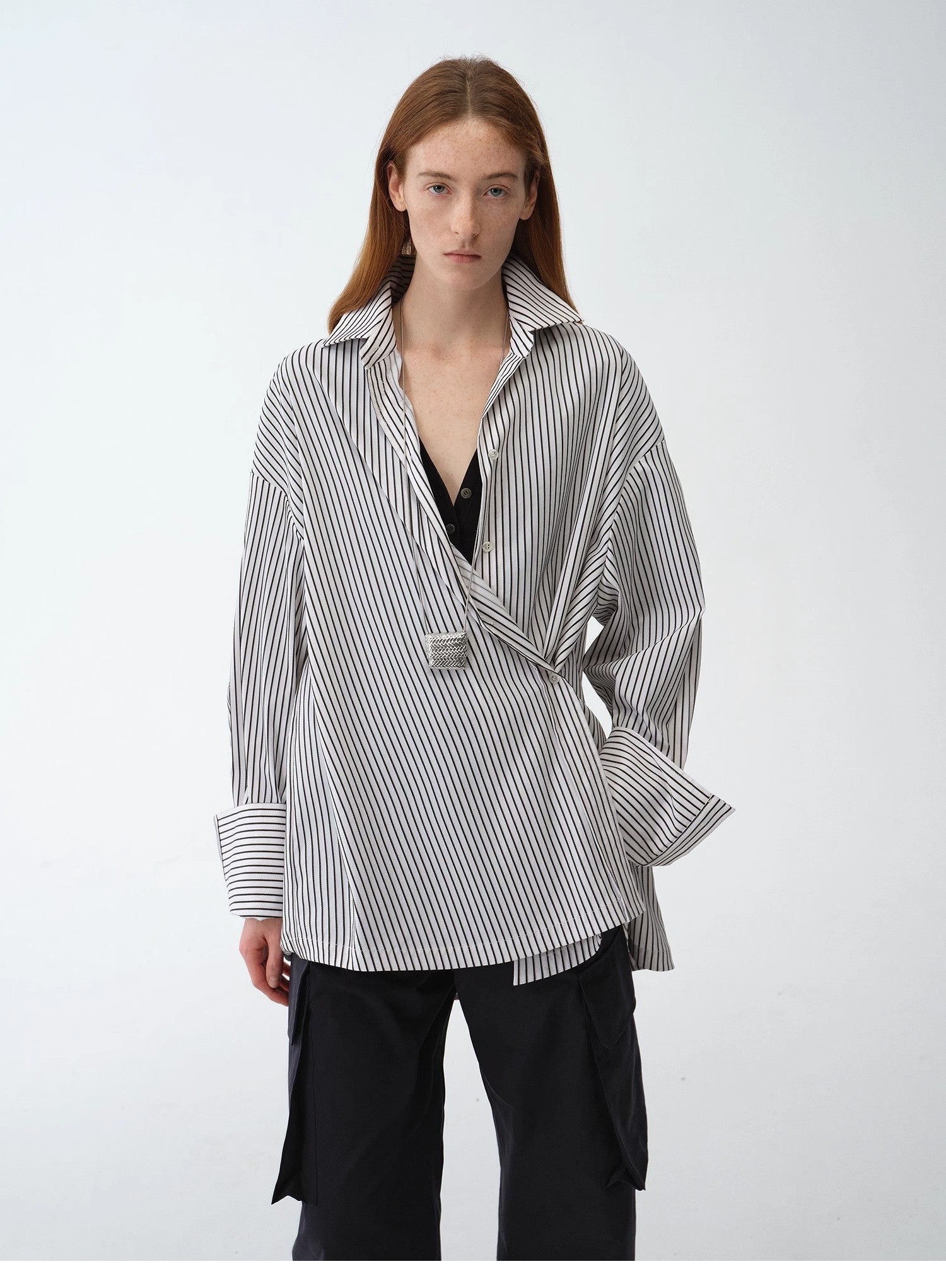 "Striped Fantasy" Casual Asymmetric Slanted Front Two - Wear Striped Long Sleeve Shirt - variant_title