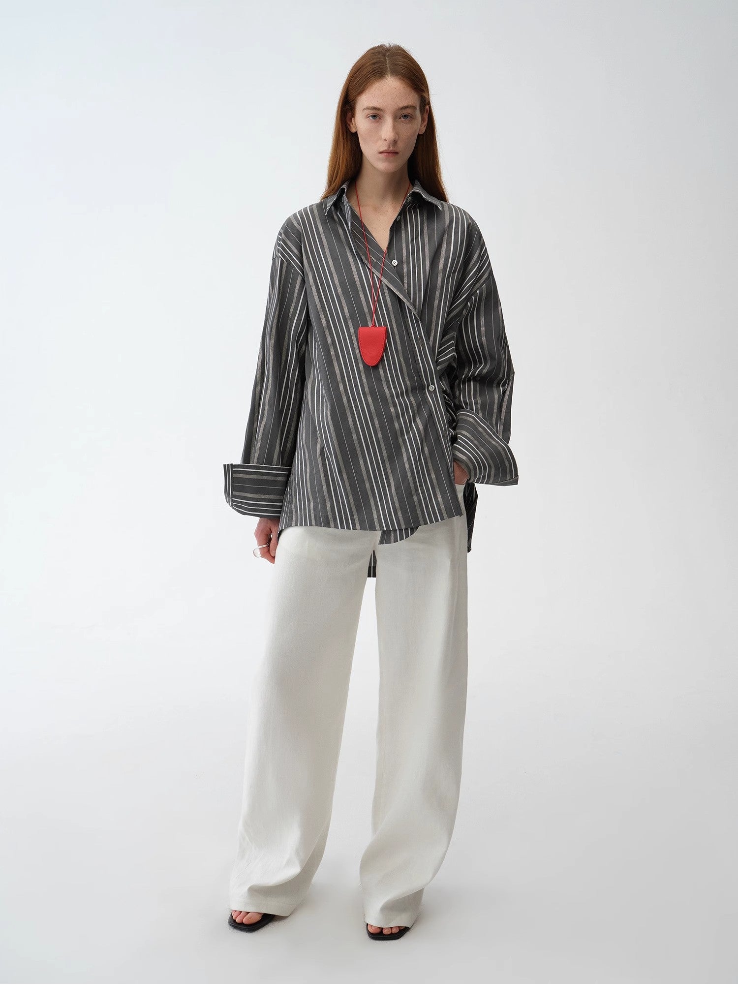 "Striped Fantasy" Casual Asymmetric Slanted Front Two - Wear Striped Long Sleeve Shirt - variant_title