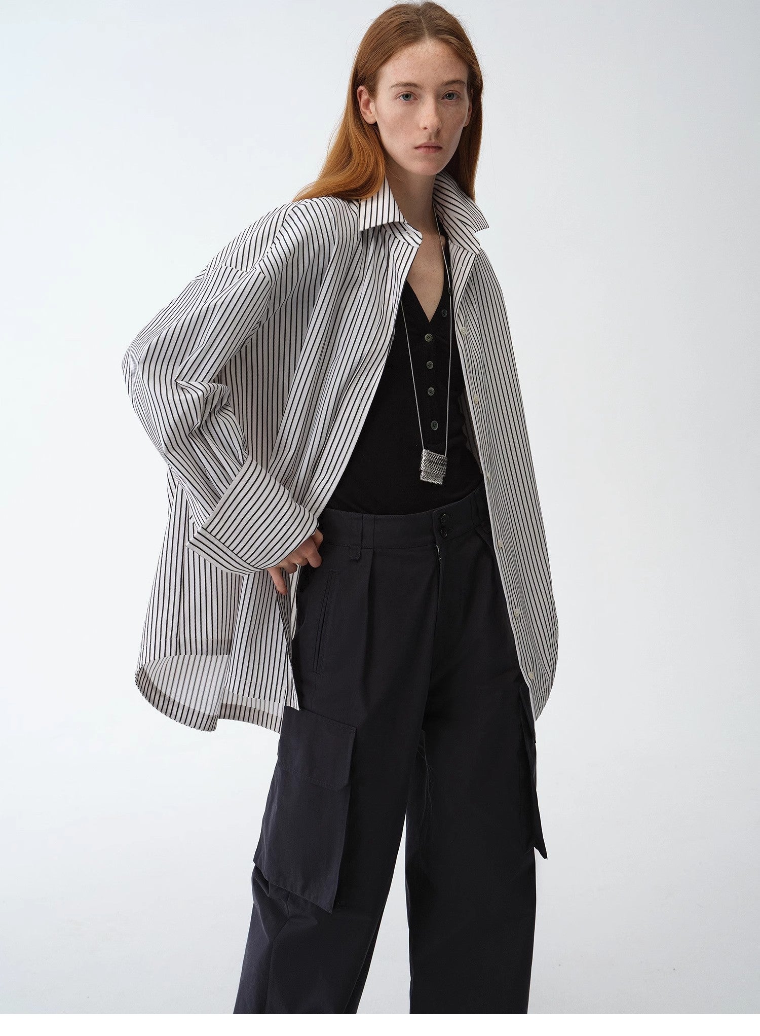 "Striped Fantasy" Casual Asymmetric Slanted Front Two - Wear Striped Long Sleeve Shirt - variant_title