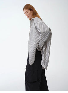 "Striped Fantasy" Casual Asymmetric Slanted Front Two - Wear Striped Long Sleeve Shirt - variant_title