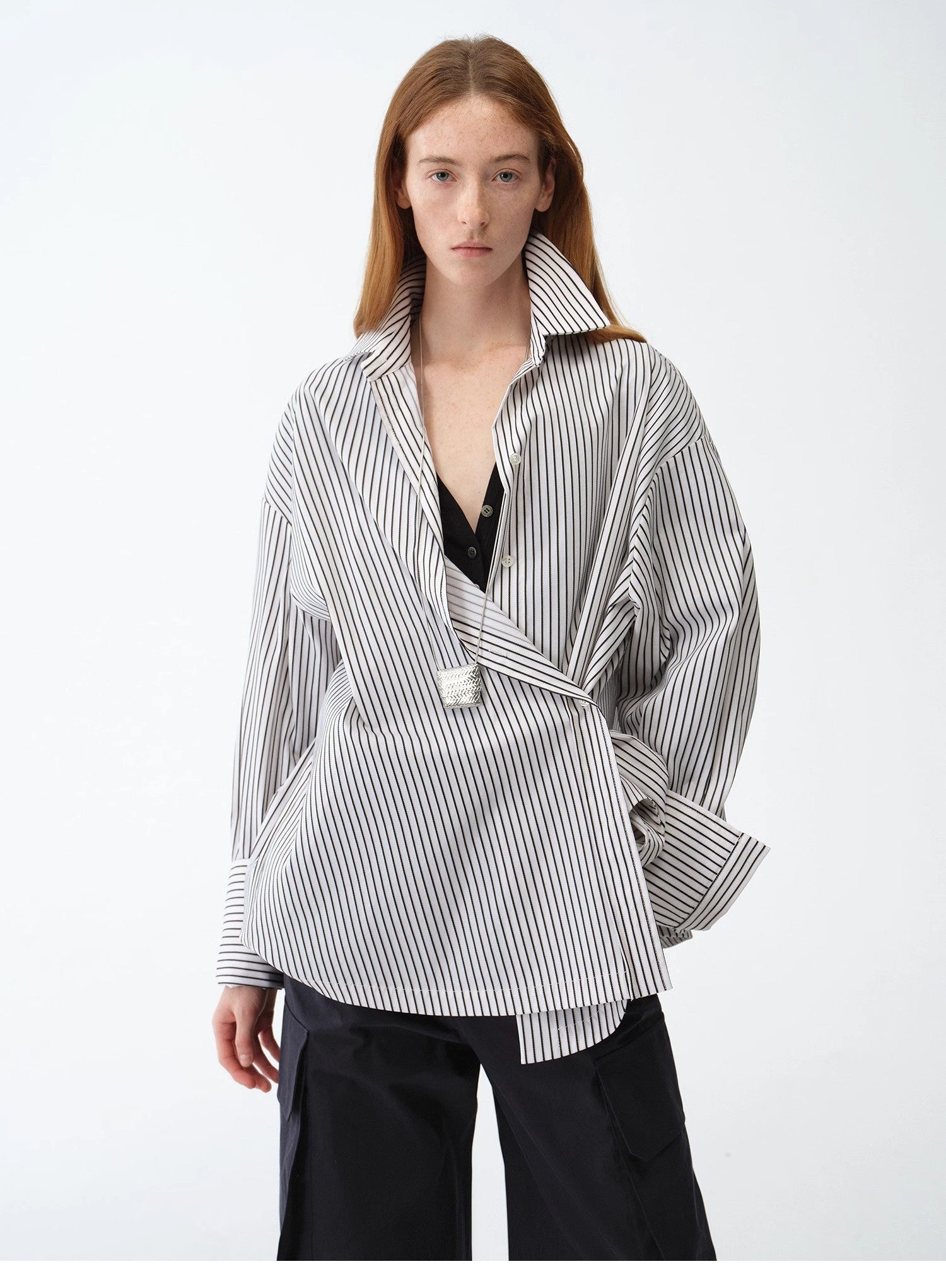 "Striped Fantasy" Casual Asymmetric Slanted Front Two - Wear Striped Long Sleeve Shirt - variant_title