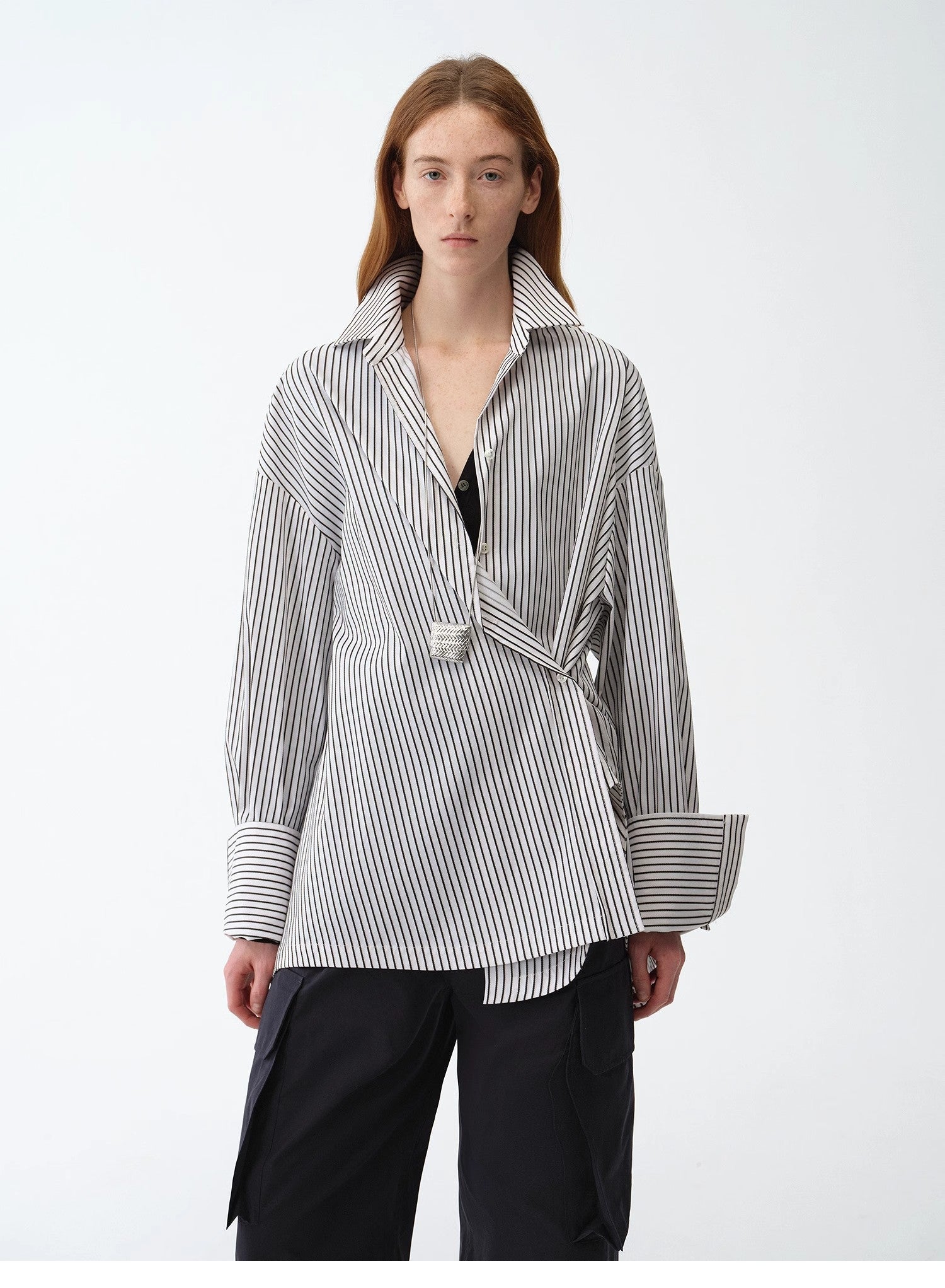 "Striped Fantasy" Casual Asymmetric Slanted Front Two - Wear Striped Long Sleeve Shirt - variant_title