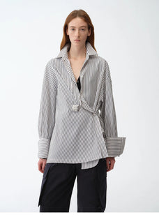 "Striped Fantasy" Casual Asymmetric Slanted Front Two - Wear Striped Long Sleeve Shirt - variant_title