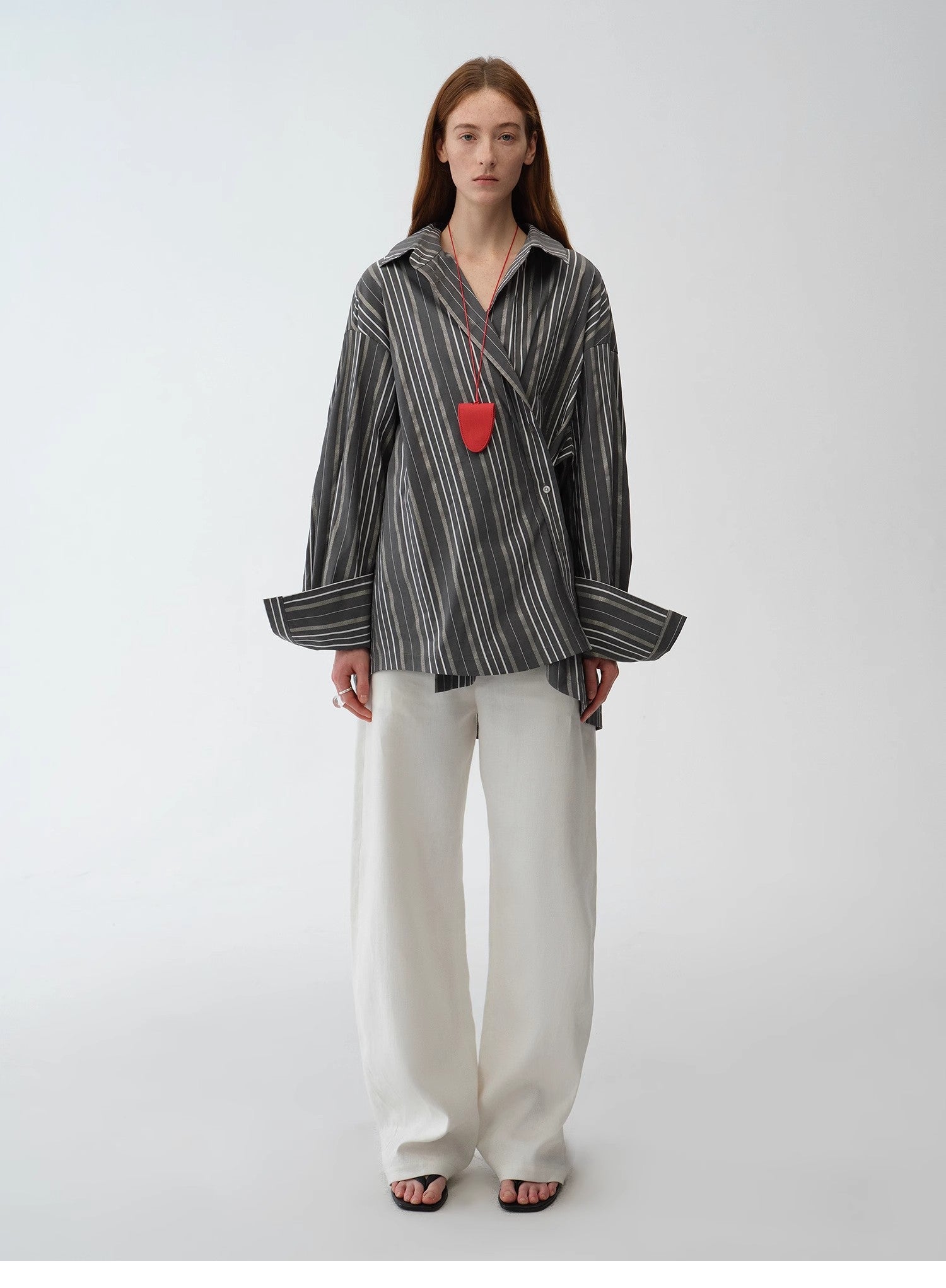 "Striped Fantasy" Casual Asymmetric Slanted Front Two - Wear Striped Long Sleeve Shirt - variant_title