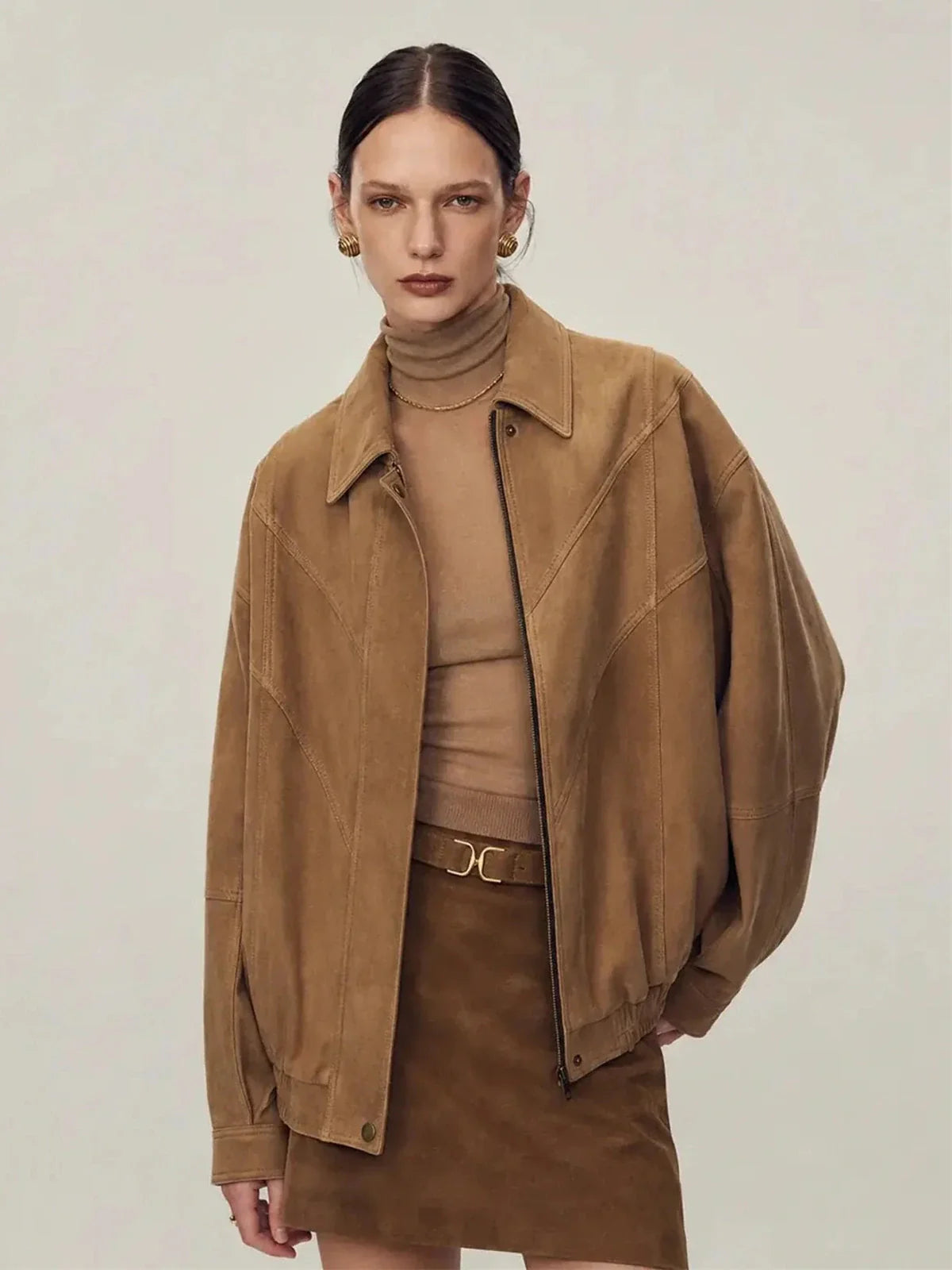 Firelady Fur suede top-grain sheepskin leather jacket tan front view