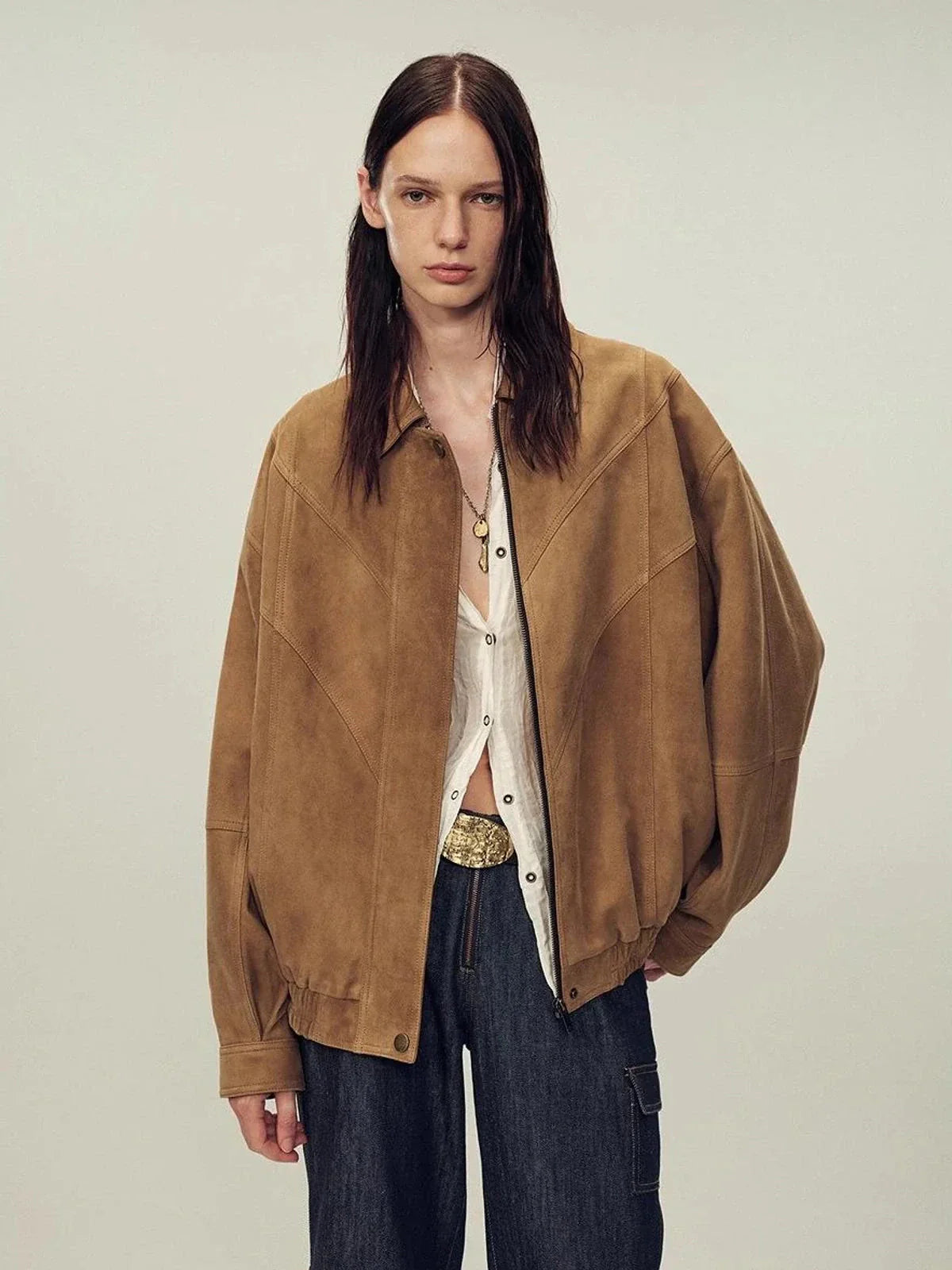 Firelady Fur suede top-grain sheepskin leather jacket yellow brown color front view