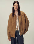 Firelady Fur suede top-grain sheepskin leather jacket yellow brown color front view