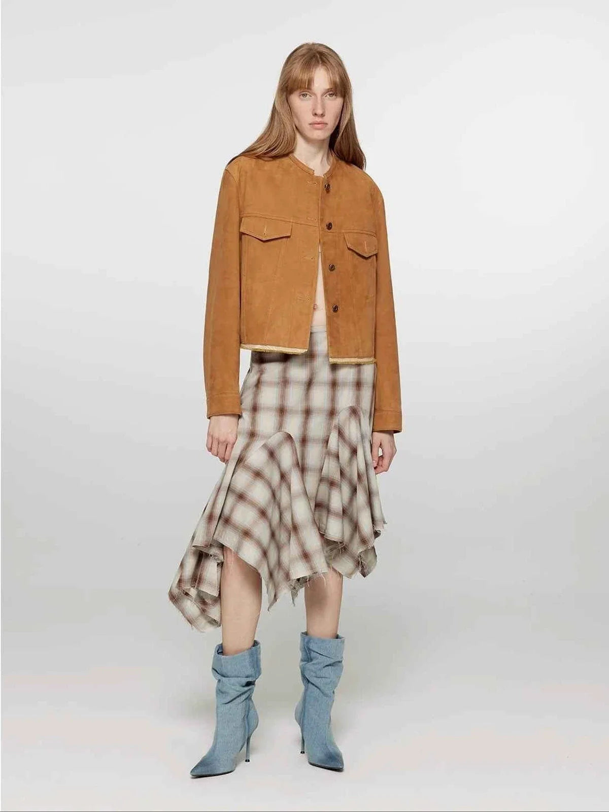 Retro Suede Sheep Leather Short Jacket with Structured Shoulders and Round Neck, Genuine Leather Outerwear "Sunset Escape" - variant_title