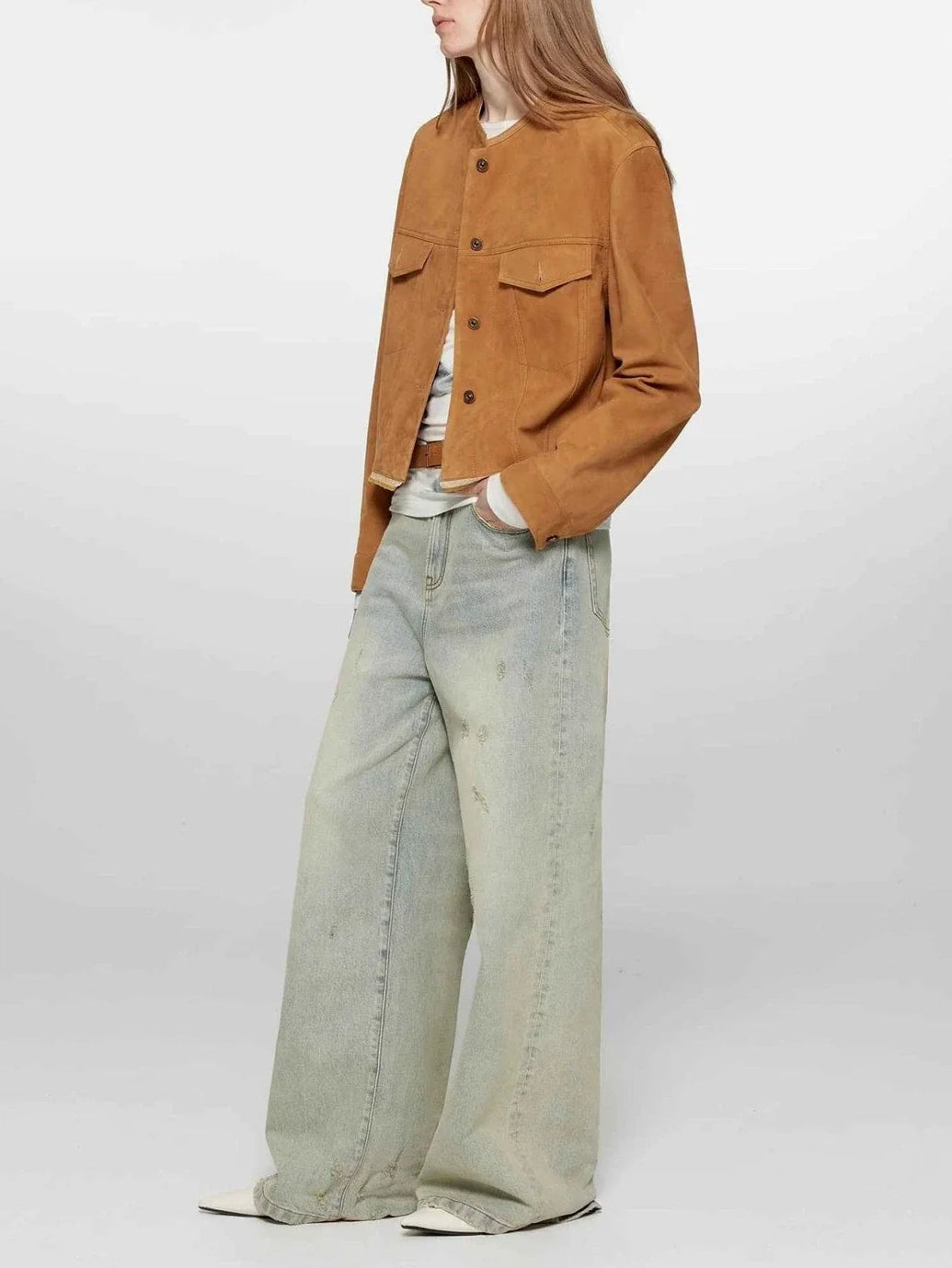 Retro Suede Sheep Leather Short Jacket with Structured Shoulders and Round Neck, Genuine Leather Outerwear "Sunset Escape" - variant_title