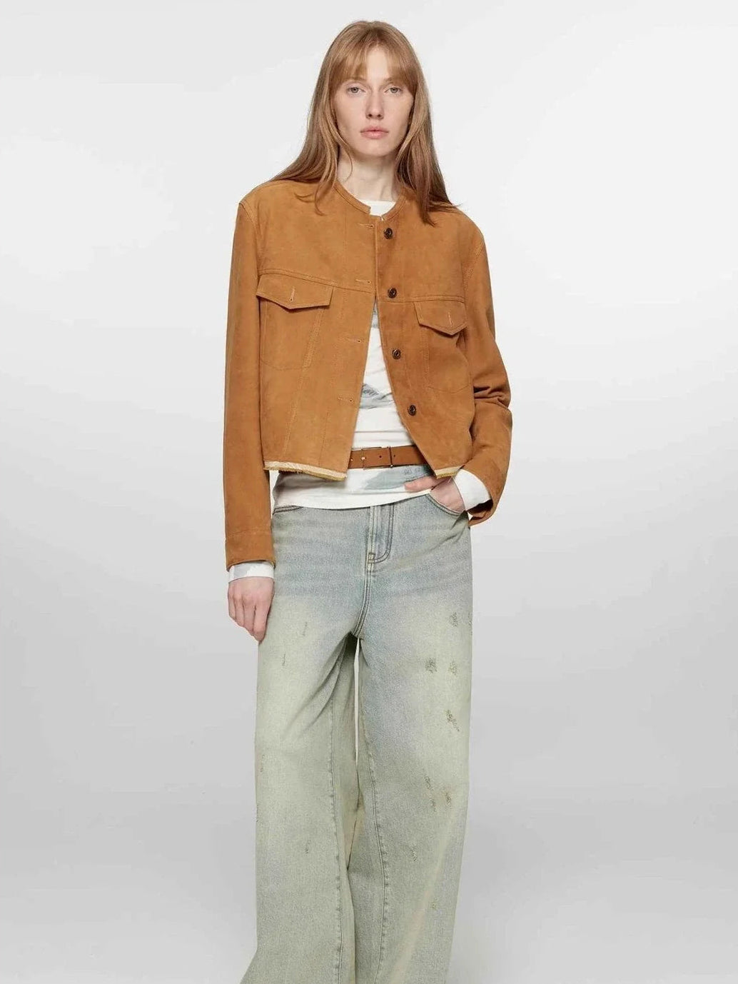 Retro Suede Sheep Leather Short Jacket with Structured Shoulders and Round Neck, Genuine Leather Outerwear "Sunset Escape" - variant_title