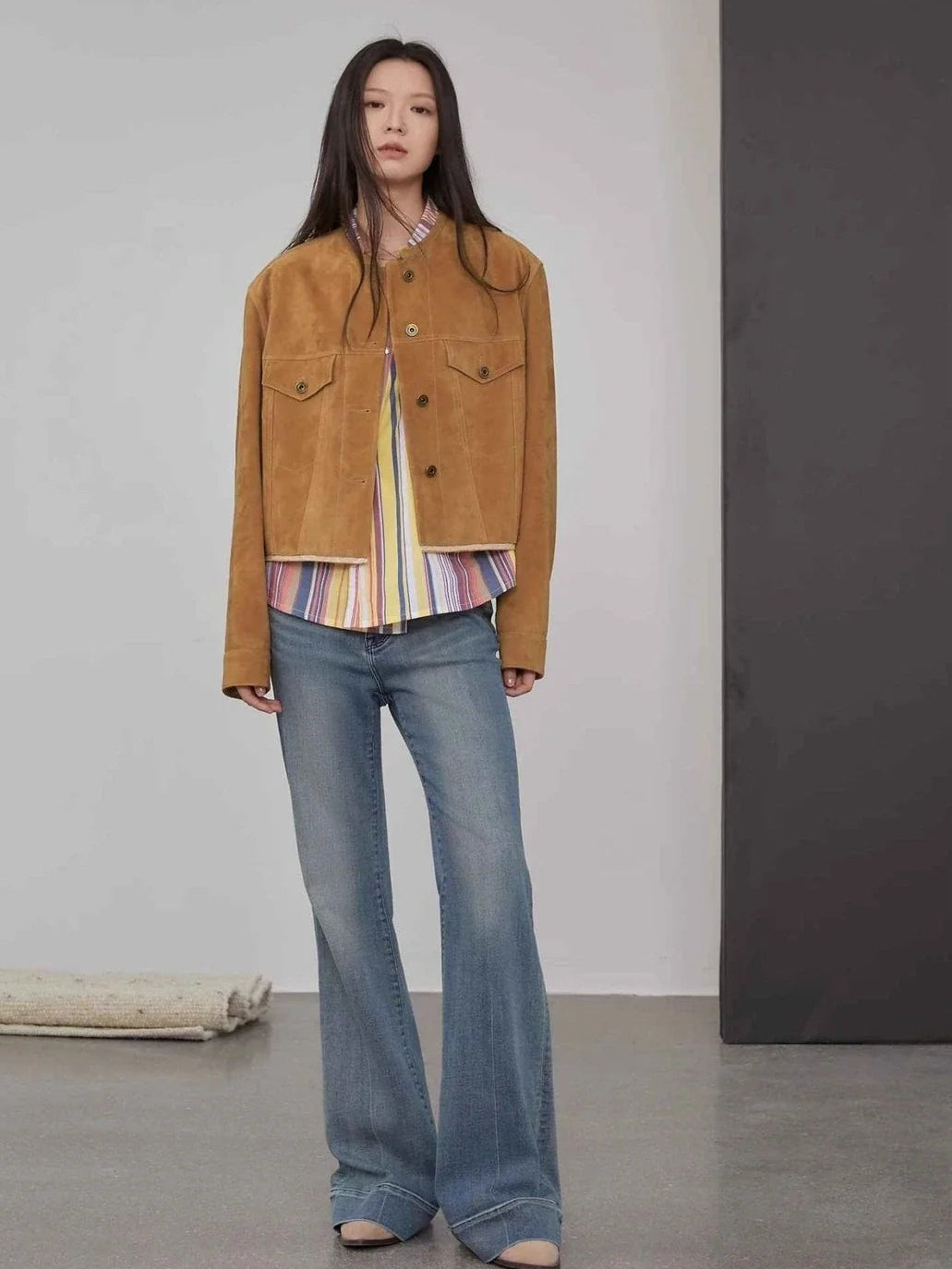 Retro Suede Sheep Leather Short Jacket with Structured Shoulders and Round Neck, Genuine Leather Outerwear "Sunset Escape" - variant_title