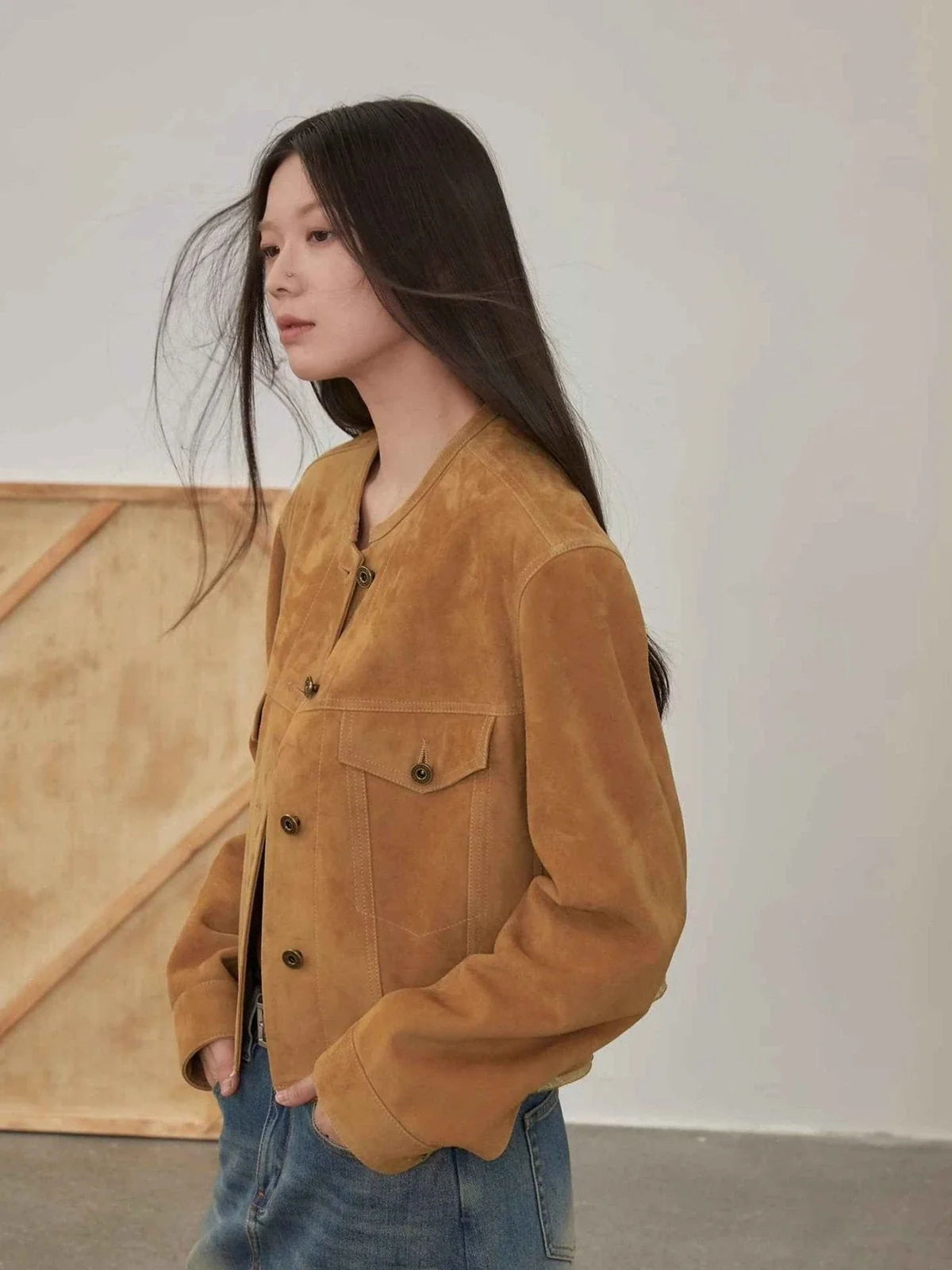 Retro Suede Sheep Leather Short Jacket with Structured Shoulders and Round Neck, Genuine Leather Outerwear "Sunset Escape" - variant_title