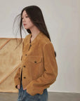 Retro Suede Sheep Leather Short Jacket with Structured Shoulders and Round Neck, Genuine Leather Outerwear "Sunset Escape" - variant_title