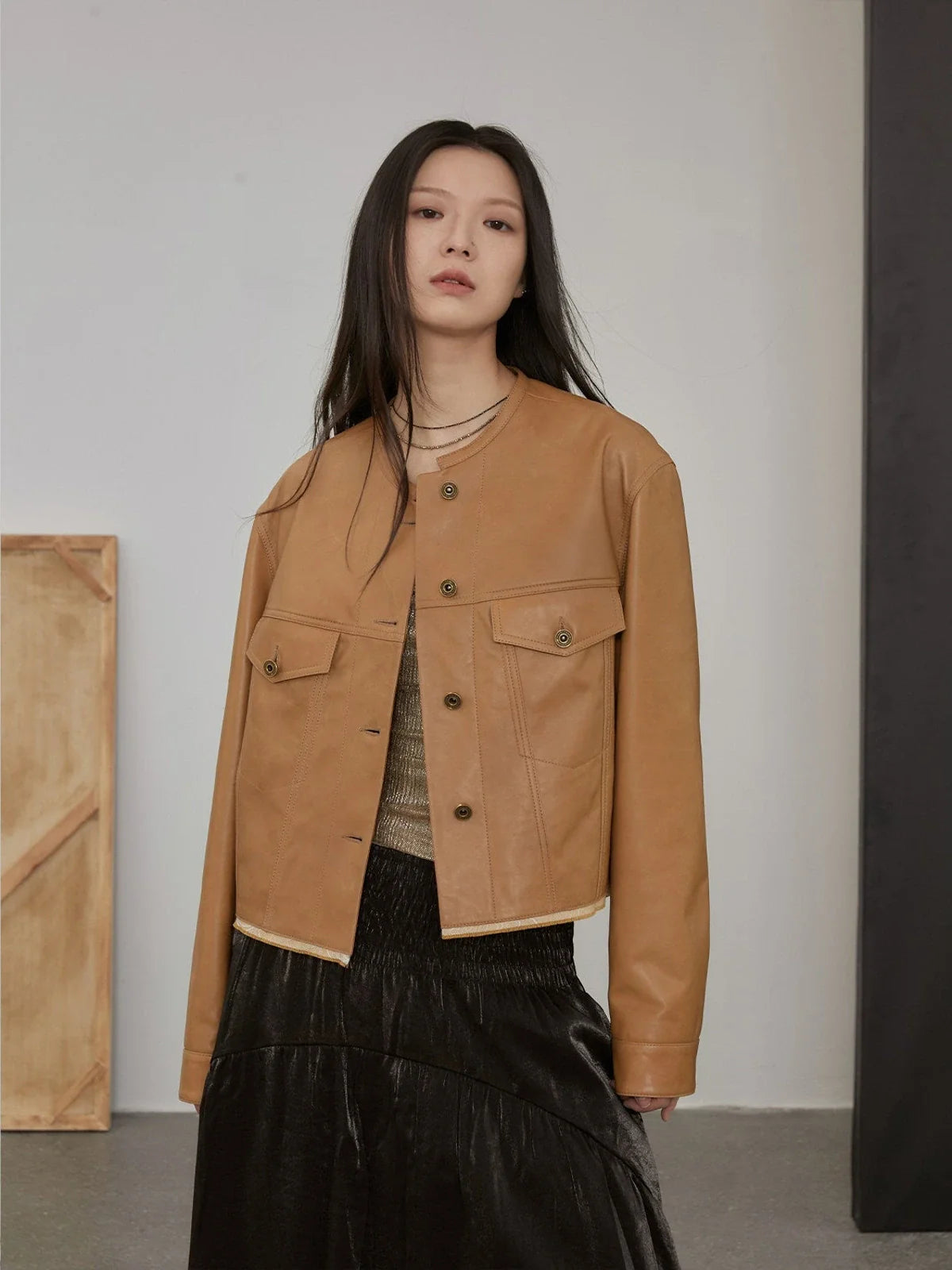 Retro Suede Sheep Leather Short Jacket with Structured Shoulders and Round Neck, Genuine Leather Outerwear "Sunset Escape"
